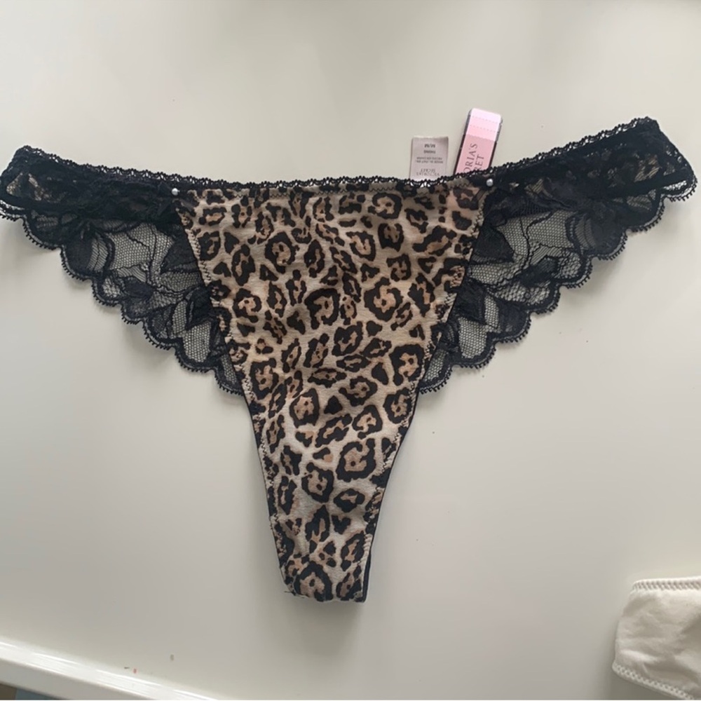 Victoria's Secret Leopard Print Thong with Black Lace Trim